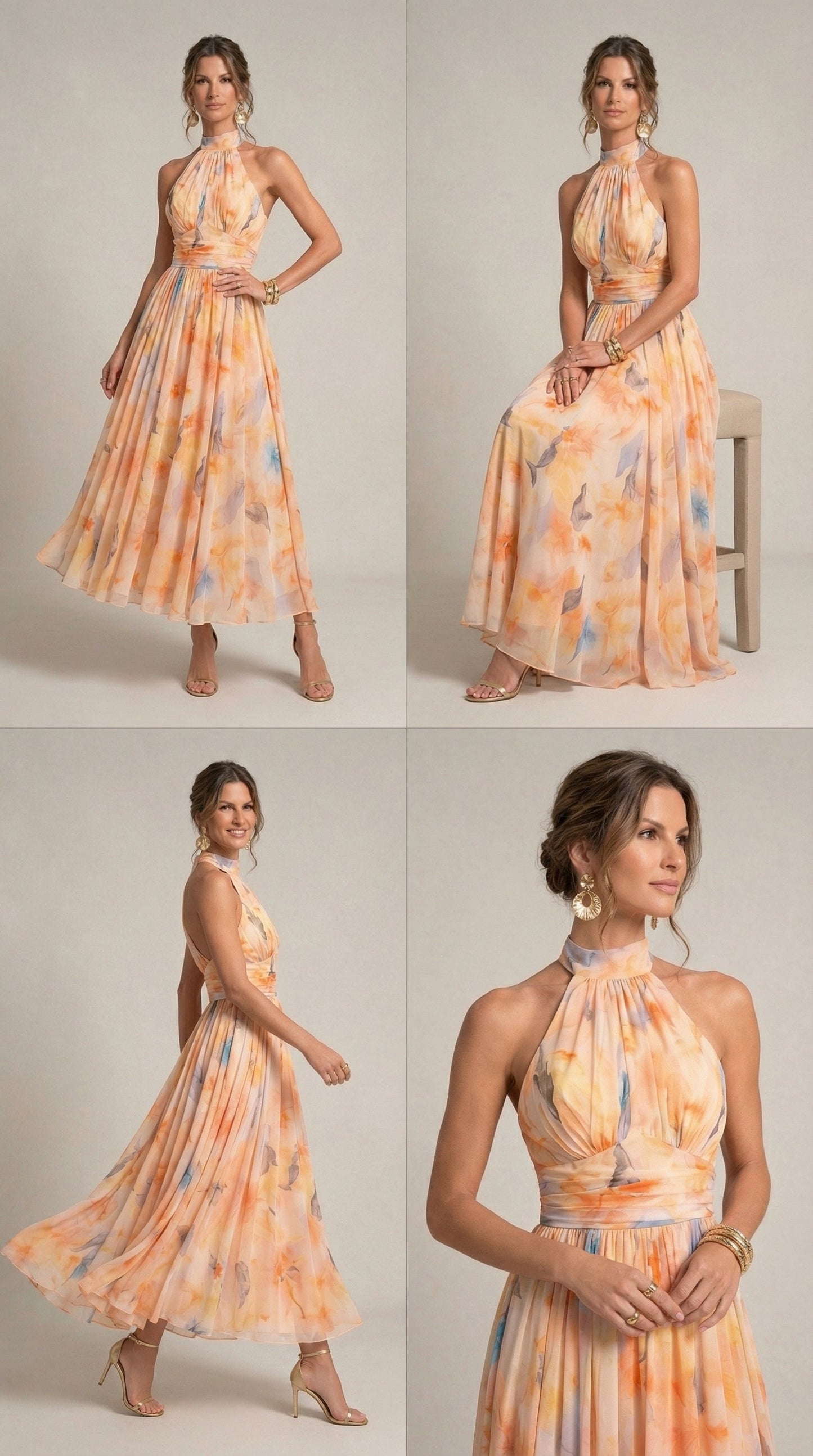 Abito con Collo Halter con Stampa di Acquerello